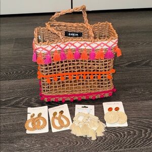 SHEIN Multicolor Woven Tote with Tassel earrings